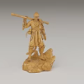 Detailed Brown Wooden Warrior Sculpture Carving Holding Long Staff On Rock Base