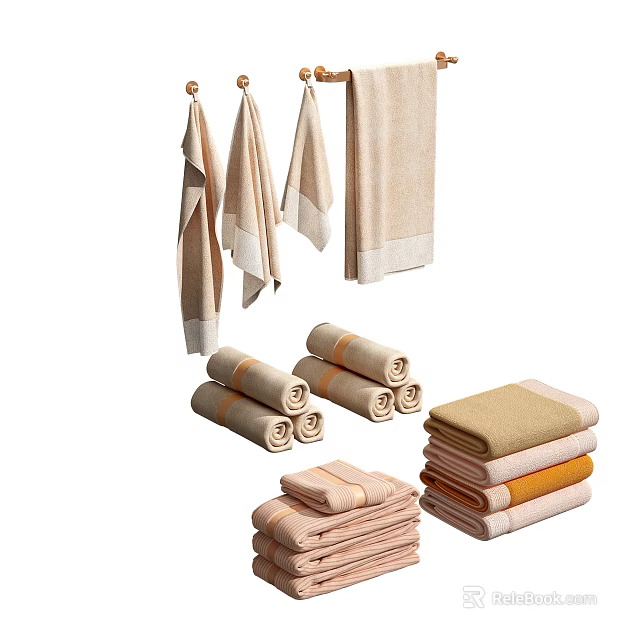 Soft Neutral Tones Towels Set With Hanging Rolled And Stacked Bathroom Designs 3d model 