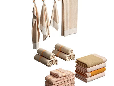 Soft Neutral Tones Towels Set With Hanging Rolled And Stacked Bathroom Designs 3d model