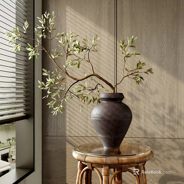 Decorative Ornament Set Featuring Dark Ceramic Pot Green Leaf Branches On Round Wooden Base 3d model 