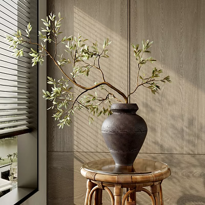 Decorative Ornament Set Featuring Dark Ceramic Pot Green Leaf Branches On Round Wooden Base 3d model