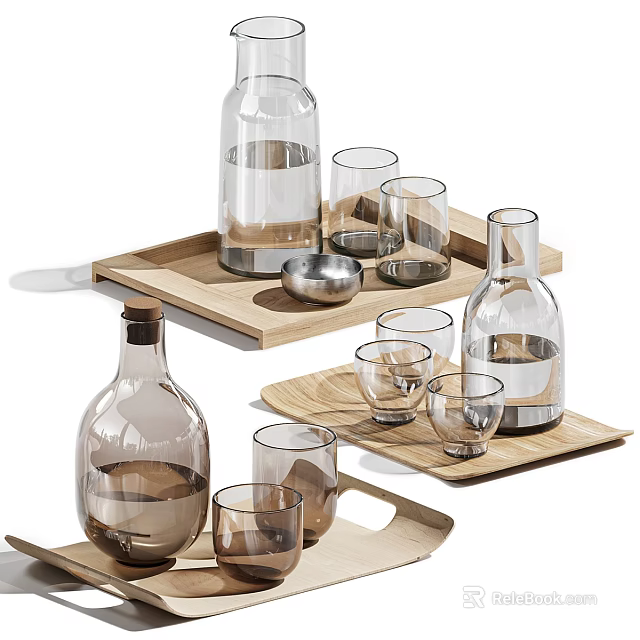 Stylish Tableware Collection With Wooden Trays Glass Bottles And Cups 3d model 
