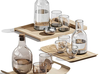 Stylish Tableware Collection With Wooden Trays Glass Bottles And Cups 3d model