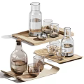 Stylish Tableware Collection With Wooden Trays Glass Bottles And Cups