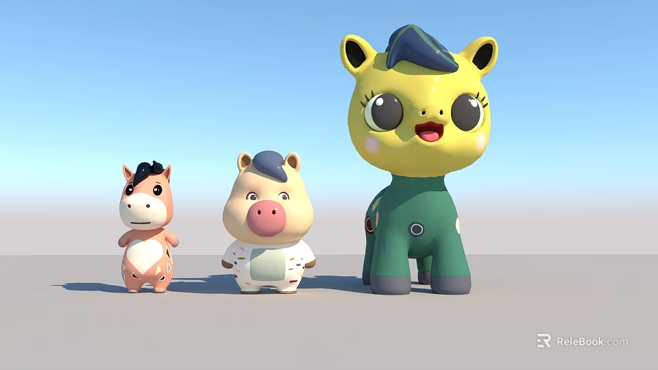 Cute Cartoon Animal Toys Horse Pig With Big Eyes And Vibrant Colors 3d model 