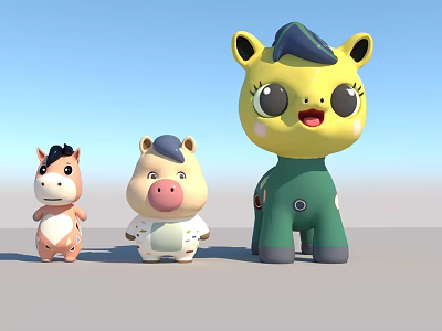 Cute Cartoon Animal Toys Horse Pig With Big Eyes And Vibrant Colors 3d model
