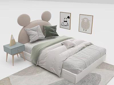 Kids Bed With Mickey Mouse Ear Shaped Headboard Gray Green Pillows Blue Nightstand Wall Art 3d model
