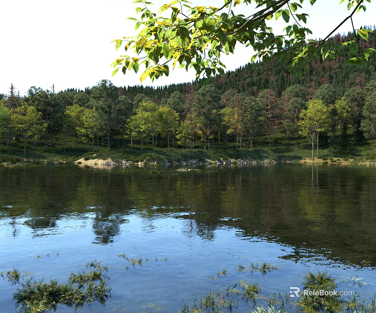 Scenic Natural Landscape With Calm Lake Clear Water Forest And Mountain Reflections 3d model 