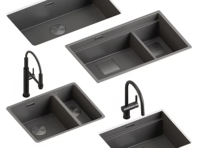 Modern Dark Color Kitchen Sinks with Single and Double Bowl Designs and Faucet 3d model