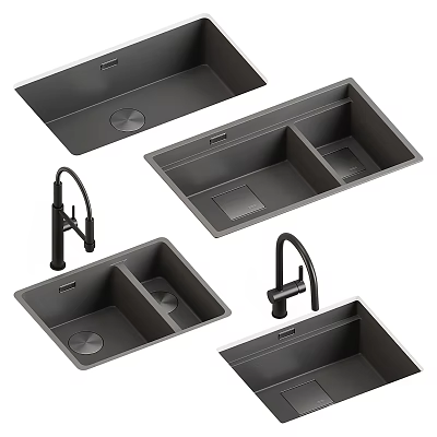 Modern Dark Color Kitchen Sinks with Single and Double Bowl Designs and Faucet 3d model