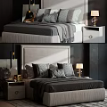 Elegant Double Bed With Upholstered Headboard Pillows Nightstand And Table Lamp 3d model