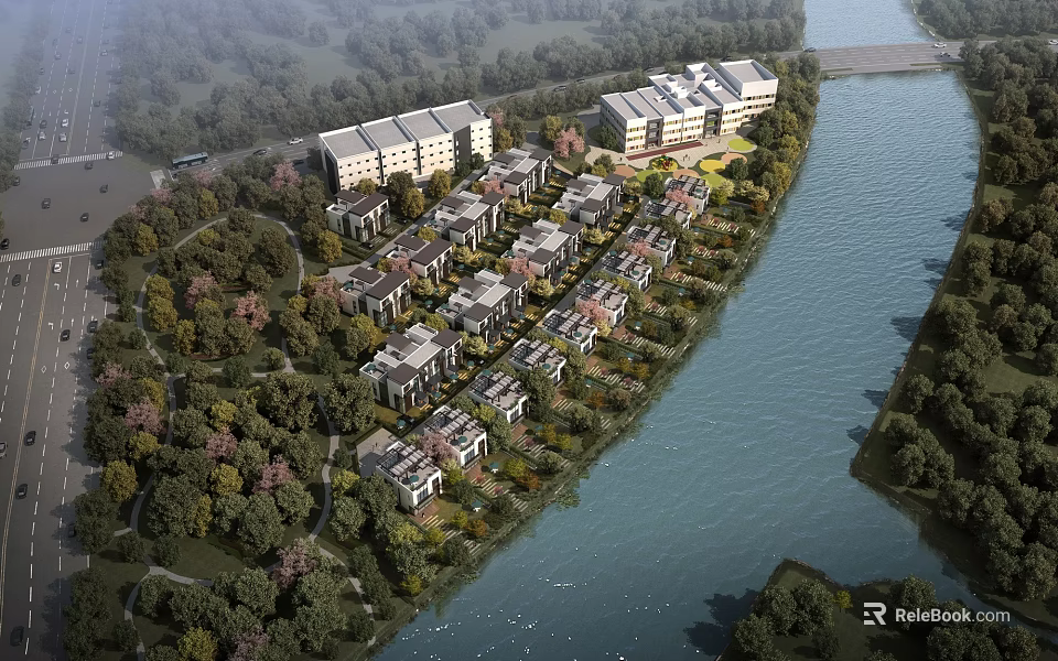 Riverside Residential Area With Multi Story Buildings Townhouses And Green Trees By River 3d model 