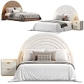 Stylish Kids Bed With Curved Upholstered Headboard Soft Pillows And Striped Bedspread