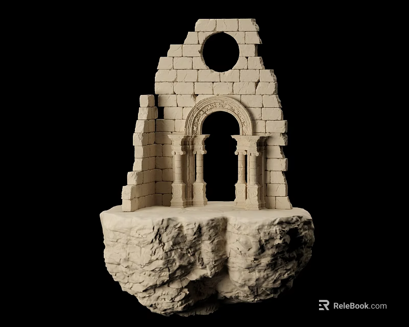 Ancient Architectural Model Stone Brick Structure With Arched Doorway Columns On Rock Base 3d model 