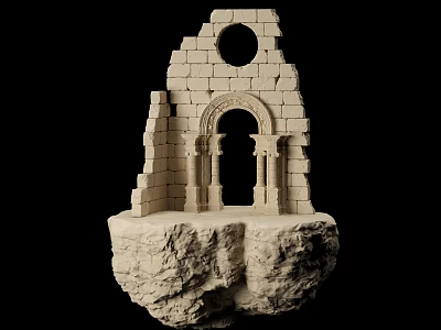 Ancient Architectural Model Stone Brick Structure With Arched Doorway Columns On Rock Base 3d model