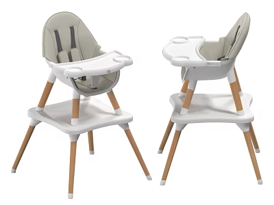 Kids High Chair With Wooden Legs White Seat Padded Backrest And Tray 3d model