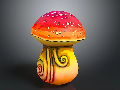 Colorful Vegetable Themed Mushroom Sculpture Featuring Red Cap With White Spots and Yellow Spiral Stem 3d model