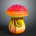 Colorful Vegetable Themed Mushroom Sculpture Featuring Red Cap With White Spots and Yellow Spiral Stem