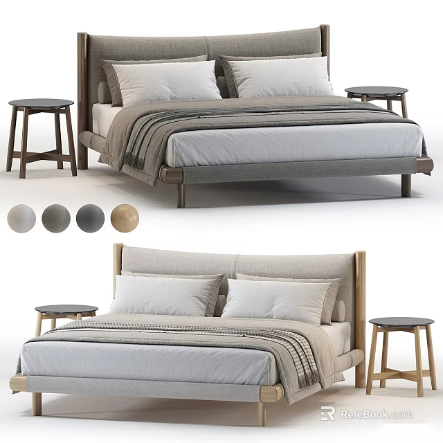 Modern Double Bed Design With Two Tone Bedding And Wooden Side Stools 3d model 