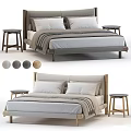 Modern Double Bed Design With Two Tone Bedding And Wooden Side Stools