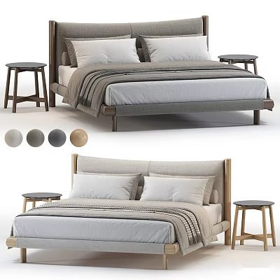 Modern Double Bed Design With Two Tone Bedding And Wooden Side Stools 3d model