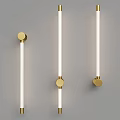 Modern Wall Sconces with Golden Metal Bases and Long White Tube Lights on Grey Wall