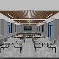 Modern Spacious Dining Hall With White Tables Chairs Wooden Ceiling Large Windows