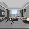 Modern Living And Dining Area Interior With Open Concept Large Windows City View Sofa Fireplace