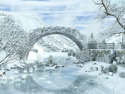 Snowy Garden Landscape With Arch Bridge Frozen River And Snow Covered Trees 3d model