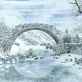 Snowy Garden Landscape With Arch Bridge Frozen River And Snow Covered Trees