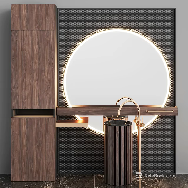 Modern Bathroom Vanity With Round Backlit Mirror Wooden Countertop And Metal Faucet 3d model 