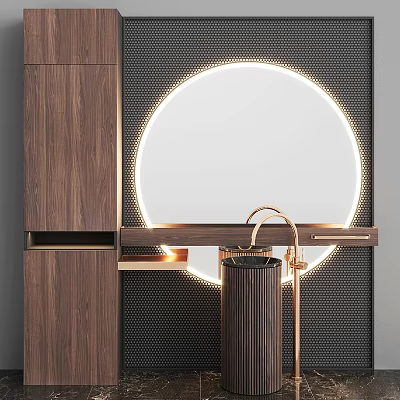 Modern Bathroom Vanity With Round Backlit Mirror Wooden Countertop And Metal Faucet 3d model