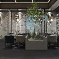 Modern Restaurant Interior With Blue Walls Large Mural Green Plants Chandeliers And Dining Tables Chairs