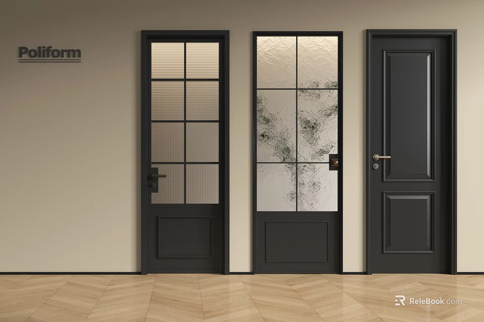 Three Modern Black Hinged Doors with Glass Grids Floral Patterns and Solid Panels 3d model 