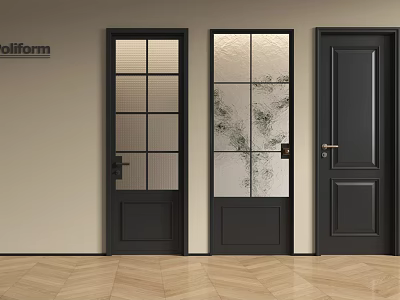 Three Modern Black Hinged Doors with Glass Grids Floral Patterns and Solid Panels 3d model