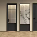 Three Modern Black Hinged Doors with Glass Grids Floral Patterns and Solid Panels 3d model