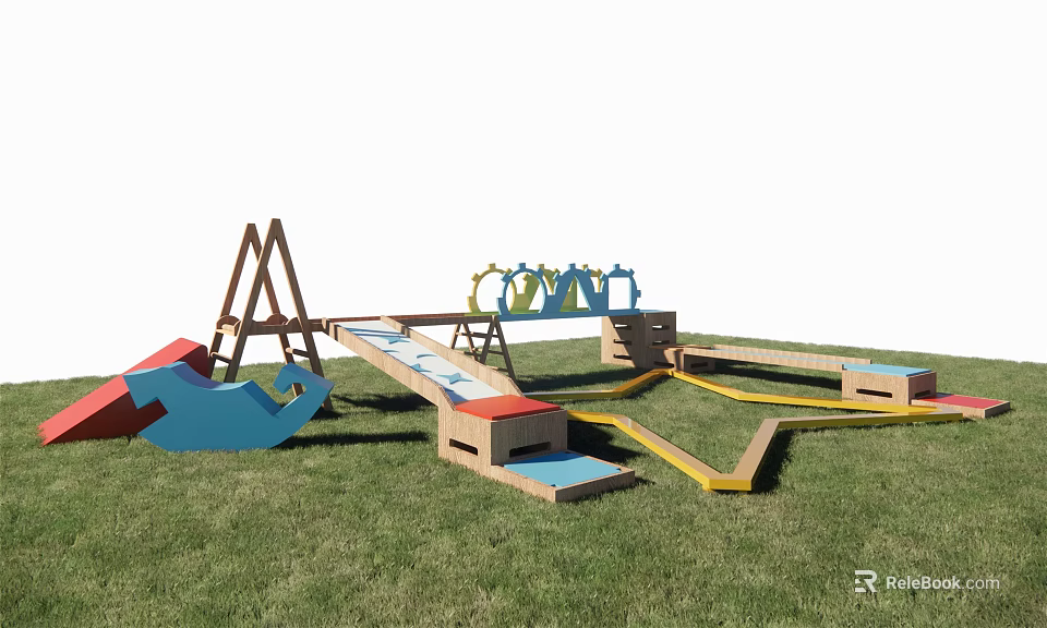 Outdoor Kids Playground Equipment With Wooden Climbing Structures And Colorful Slides On Grass 3d model 