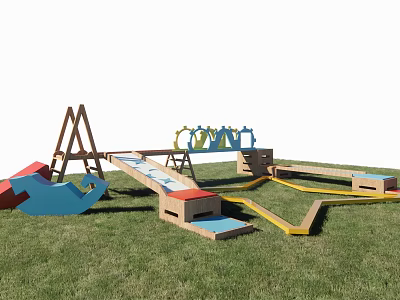 Outdoor Kids Playground Equipment With Wooden Climbing Structures And Colorful Slides On Grass 3d model