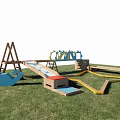 Outdoor Kids Playground Equipment With Wooden Climbing Structures And Colorful Slides On Grass
