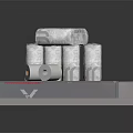 Display Platform With Transparent Wrapped Cubes Scrolls Warning Stripes And Blueprints