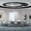 Modern Conference Room With Round Table White Chairs Circular Ceiling Green Plant Sculpture Patterned Carpet