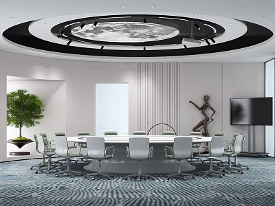 Modern Conference Room With Round Table White Chairs Circular Ceiling Green Plant Sculpture Patterned Carpet 3d model