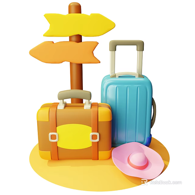 Cute Decorative Ornament Set with Yellow Arrow Signpost Brown Blue Suitcases and Pink Hat 3d model 
