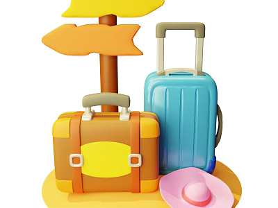 Cute Decorative Ornament Set with Yellow Arrow Signpost Brown Blue Suitcases and Pink Hat 3d model