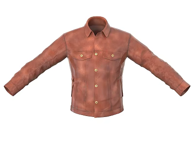 Brown Leather Jacket With Collar Chest Pockets Metal Buttons And Long Sleeves 3d model