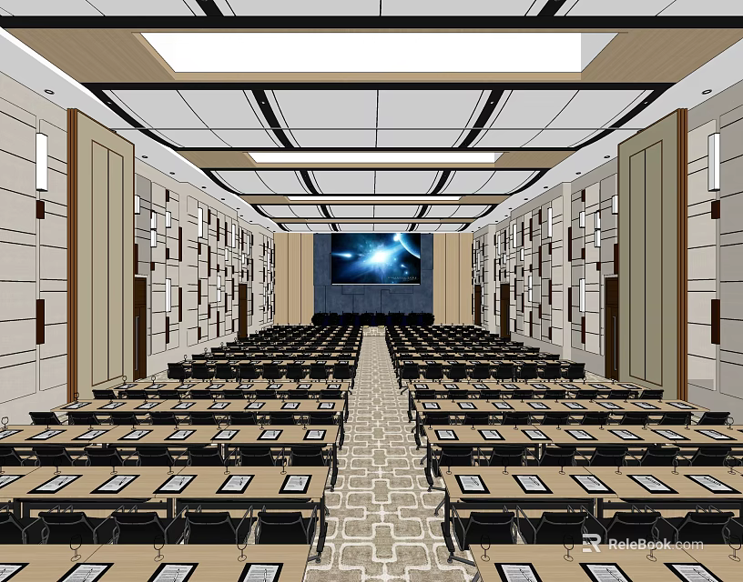 Spacious Modern Conference Room With Well Arranged Tables Chairs And Large Screen 3d model 