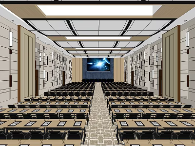 Spacious Modern Conference Room With Well Arranged Tables Chairs And Large Screen 3d model