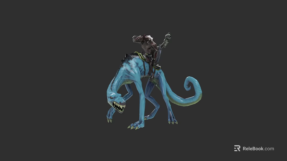 Blue Mythical Reptile With Long Tail Carrying Armored Rider In Fantasy Scene 3d model 