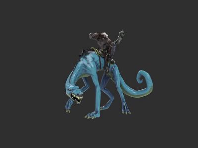Blue Mythical Reptile With Long Tail Carrying Armored Rider In Fantasy Scene 3d model