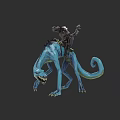 Blue Mythical Reptile With Long Tail Carrying Armored Rider In Fantasy Scene